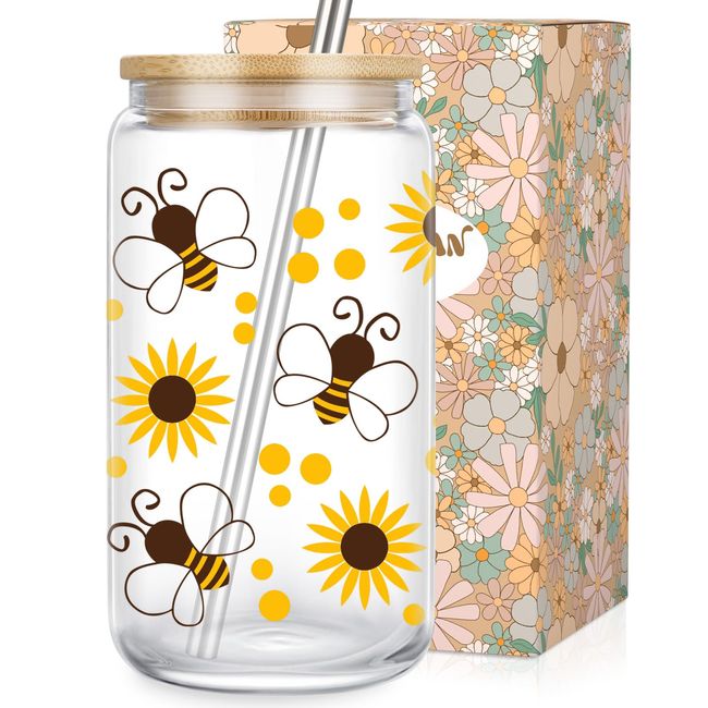 LEADO Bee Gifts, Bee Themed Gifts, Sunflower Gifts for Women - Iced Coffee Cup, Cute Glass Cup with Lid & Straw - Honey Bee Gifts, Aesthetic Gifts, Mothers Day, Birthday Gifts for Bee Lovers