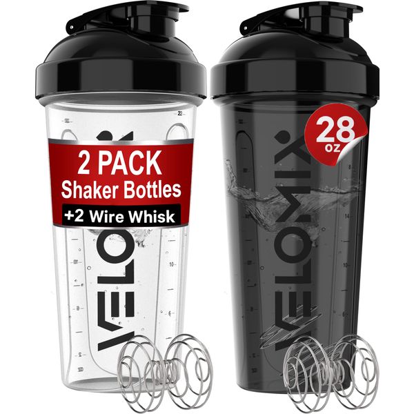 VELOMIX -2 Pack- 28 oz Protein Shaker Bottles for Protein Mixes - 2x Wire Whisk | Leak Proof Shaker Cups for Protein Shakes | Protein Shaker Bottle Pack | Shakers for Protein Shakes-Black&Transparent