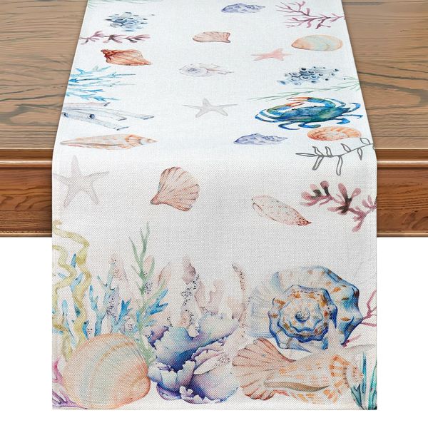 Dremisland Beach Seashell Blue Mode Table Runners Summer Ocean Starfish Table Cover Burlap Table Runner Washable Small Table Cloth Decoration for Wedding Dining Party Restaurants