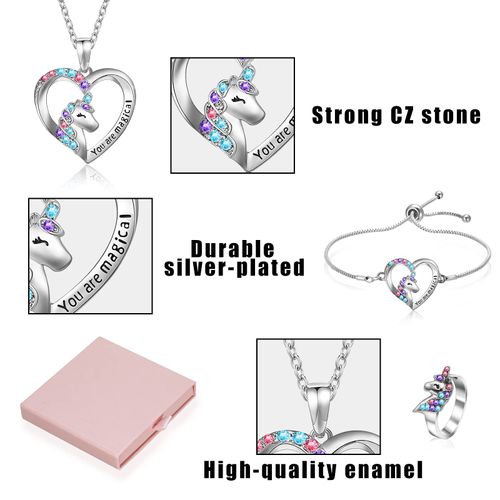 FANTESI Unicorn Necklace Bracelet for Girls Unicorn Ring Earrings Heart Necklace Children's Jewellery Set with Gift Box for Children Daughter, Glass