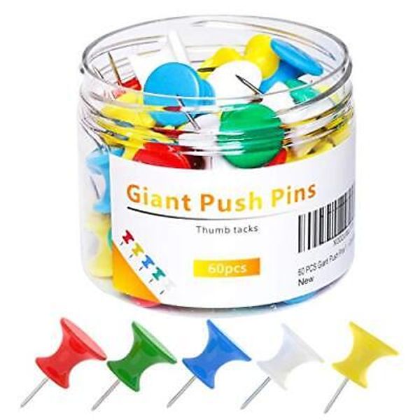 60 PCS Gaint Push Pins 1 Inch Jumbo Thumb Tacks Steel Point and Plastic Head