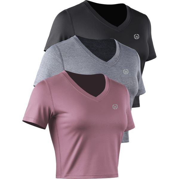 Women's 3 Pack Running Shirt Workout Athletic Crop Shirts,8101,Black/Grey/Rosy Brown,L