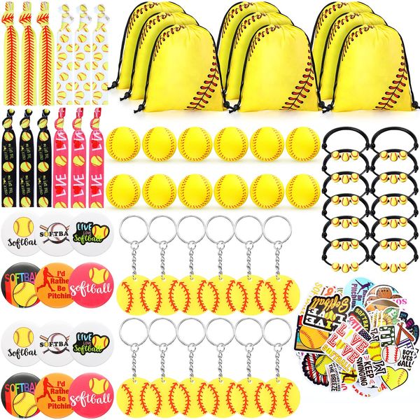 122 Pcs Softball Party Favors Softball Gifts for Girls and Boys, Include Softball Bracelet Drawstring Softball Bag Foam Mini Softball Ball Hair Ties Button Badges and Softball Stickers for Team