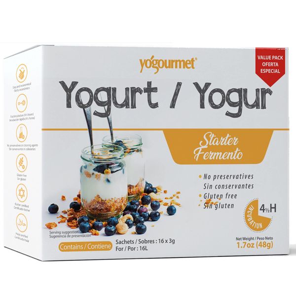 Yogourmet 16 Pack Freeze Dried Yogurt Starter Value Pack, All Natural, Kosher, Gluten Free - 1 Box Containing 16 Each 3 Grams Packets 1.7 Onces