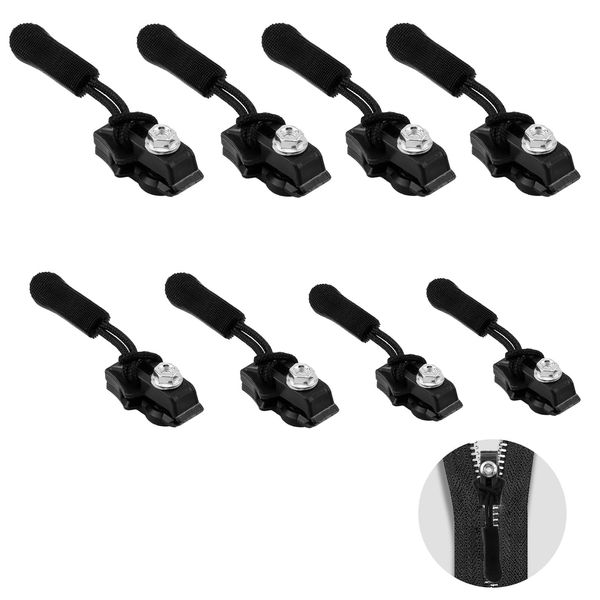 8 Pcs Zipper Pull Replacement, 3 Sizes Universal Instant Zipper Repair Kit Black Removable Zipper Head Tool-Free Teeth Screw liding Zip Slider Repair Fixer for Backpacks Jackets Coats Luggage