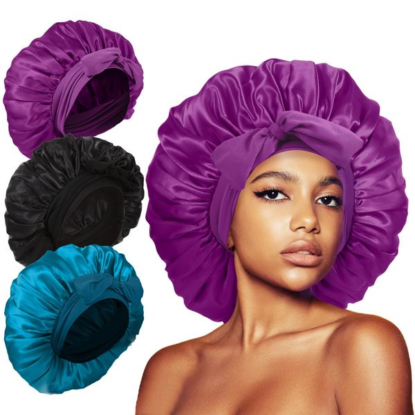 3Pcs Bonnet Silk Bonnet for Sleeping, Satin Bonnet for Sleeping Hair Bonnets for Sleeping Black Curly Hair Women Extra Large Jumbo Bonnet with Tie Band Braids (Black+Peacock Blue+Purple) shower cap