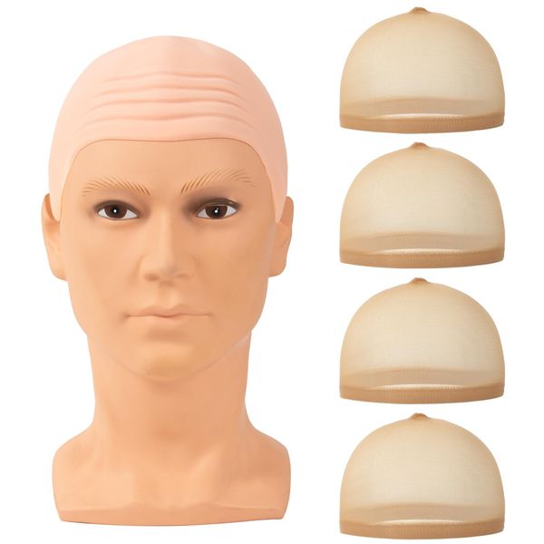 Bald Cap, Skin Head Cap, 4 Pcs Wig Caps to Hold Wig in Place, Hair Net for Wigs, Thick Rubber Cap for Cosplay Costume Adult