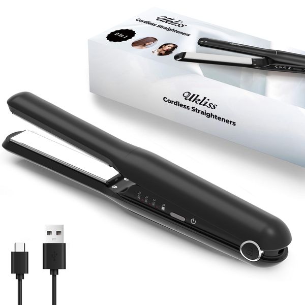 UKLISS Hair Straightener, Mini Hair Straightener 3 Temperature, Cordless Straighteners with Ceramic Plates, Portable Hair Straighteners and Curlers in one, Fast Heat Up Travel Hair Straightener