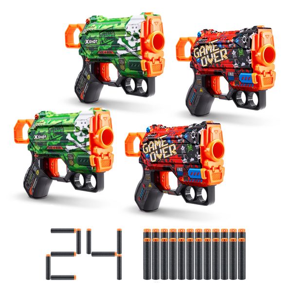 XShot Skins Menace - Camo & Game Over (4 Pack + 24 Darts) by ZURU, Easy Reload, Air Pocket Dart Technology, Toy Foam Dart Blaster for Kids, Teens, Adults, Frustration Free Packaging