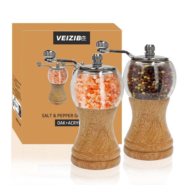 VEIZIBEE Classical Hand Shake Wood Pepper Grinder Set & Gorgeous Salt, Wooden&Acrylic,Ceramic Blades&Upgrade metal handle, Enjoy Your Best Fresh Ground Pepper Sea Salts And Various spices (2PCS/Set-1)