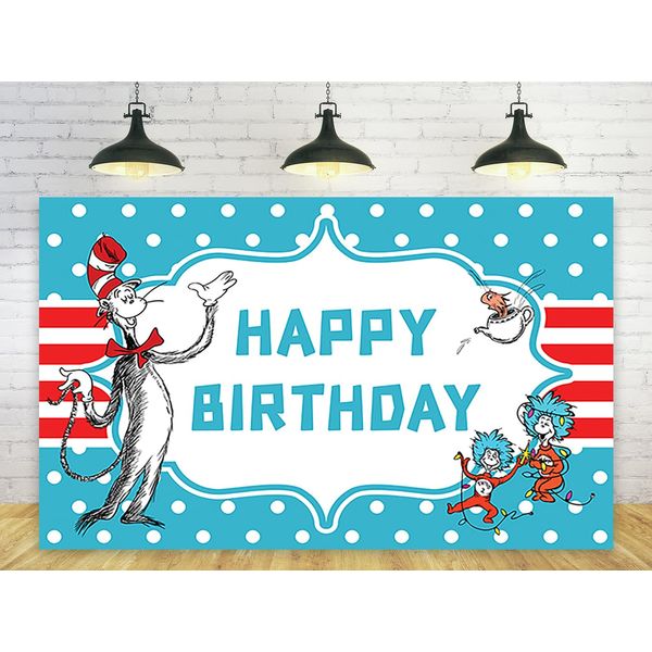 Blue Backdrop for Birthday Party Decorations Background for Baby Shower Party Cake Table Decorations Supplies Cat in The Hat Theme Banner 5x3ft