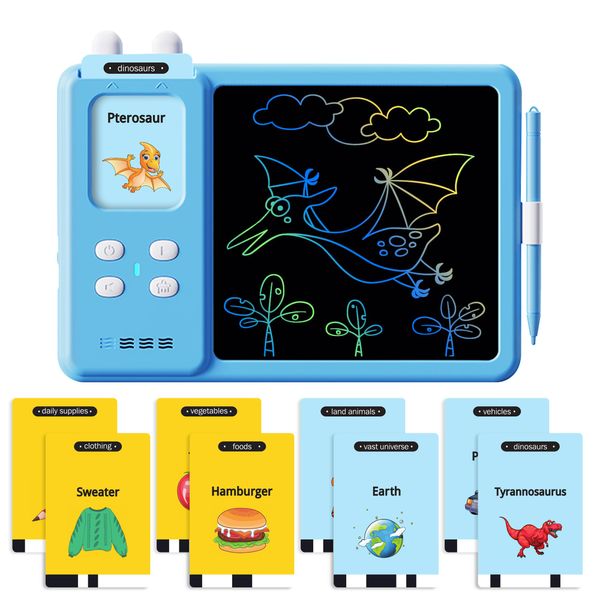 2 in 1 LCD Writing Tablet with Talking Flashcards, Toddler Toys Birthday Gifts for 3 4 5 6 7 Year Old Girls Boys Kids Educational Doodle Board (Blue)