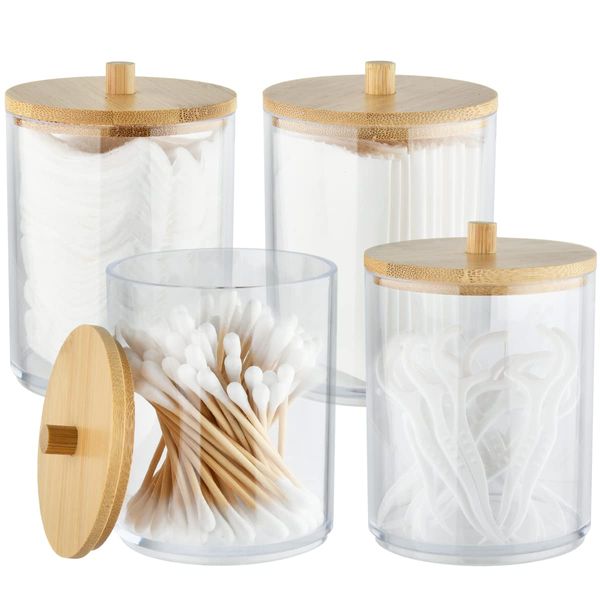 TIMESETL 4x10 Oz Cotton Swab/Ball/Pad Holder, Clear Plastic Apothecary Jar Set for Cotton Ball, Swab, Round Pads, Floss, Cotton Bud Holder, Clear Plastic Jars with Lids