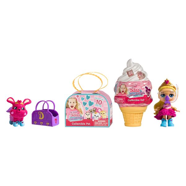 LOVE, DIANA, Kids Diana Show, Fashion Fabulous Collectible Doll and Pet 2-Pack Bundle, Surprise 3.5” Diana Doll in Adorable Ice Cream Cone and Surprise Pet, 10 Different Diana Doll Styles to Collect