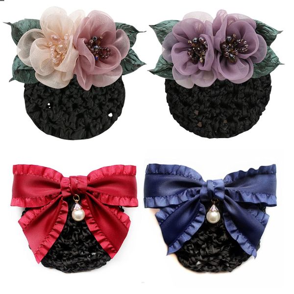 Barrettes with Bun Cover Hairnet, Hair Bow Snood Clip with Hairbun Net For Ballet Dance or Work Clothes F-J-H2 (Set of 4 - Pink, Purple, Red, Navy Blue)