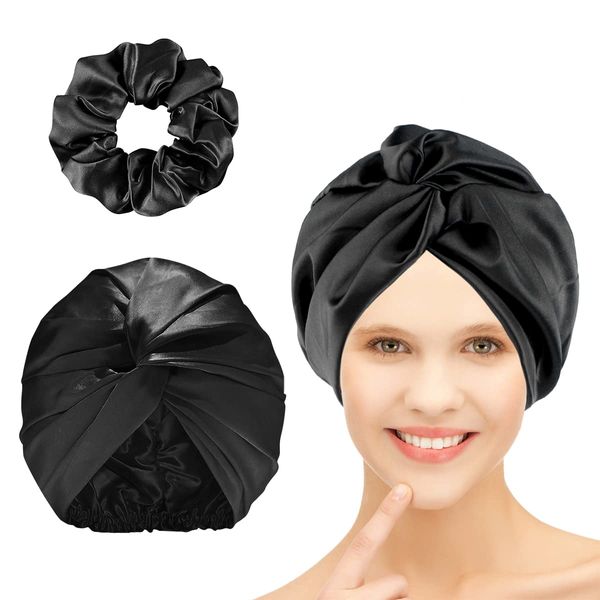 2Pack Silk Hair Wrap for Sleeping&Satin Hair Scrunchies, Mulberry Silk Bonnet Night Sleep Cap Hair Bonnet for Curly Hair Double-Sided Hair Care Sleeping Head Cover with Elastic Bow Stay On Head(Black)