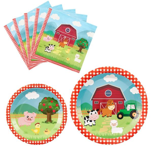 WERNNSAI Farm Party Plates Napkins Set- 48PCS Barnyard Farm Animals Tableware Party Supplies for Kids Birthday Disposable Dinnerware Dessert Plates Luncheon Napkins Serves 16 Guests