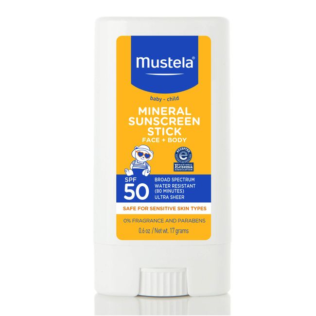 Mustela Baby Mineral Sunscreen Stick SPF 50 Broad Spectrum - Face & Body Sun Stick with 70% Organic Ingredients - Ultra Sheer, Water Resistant & Fragrance-Free - 0.6 oz (Pack of 1)