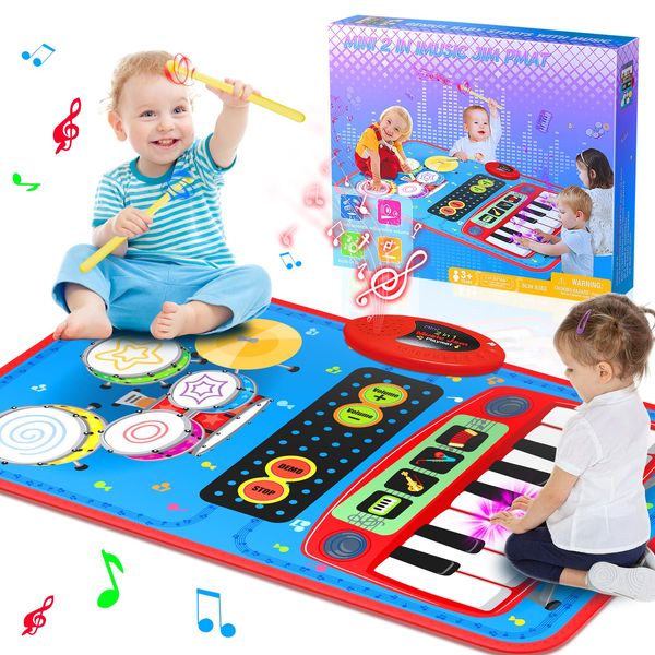 2-in-1 Musical Mat Toys for 1 2 3 4 5 Year Old, Piano Keyboard & Drum Set with 2 Drum Sticks, Early Educational Musical Learning Toys Birthday for 1 2 3 4 5 Year Old Boys & Girls, Blue