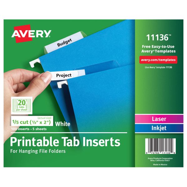 Avery Printable Tab Inserts for Hanging File Folders, 1/2" x 2", 1/5 Cut, White, 100 Index Tab Inserts (11136)