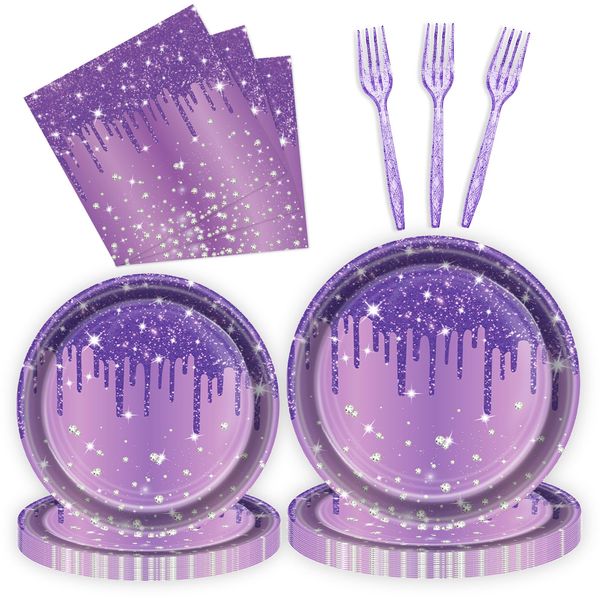 96 Pcs Purple Silver Plates and Napkins Party Supplies, Disposable Forks Paper Dessert Tableware Glitter Decorations Birthday Table Dinnerware Favors Set, Serves 24