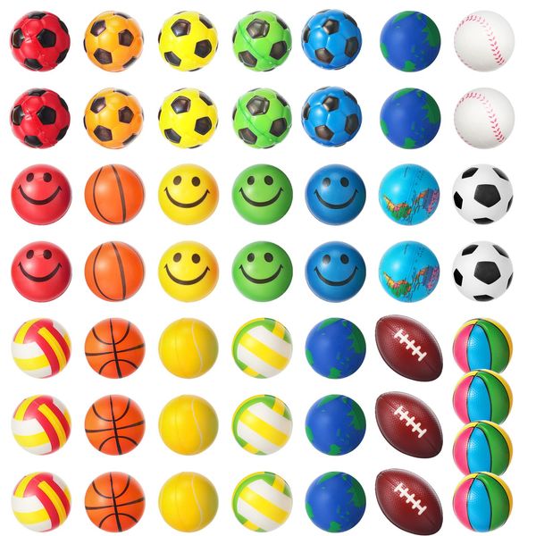 Sosation 50 Pcs 2.5 Inch Mini Stress Balls Party Favor, Sport Balls Foam Soccer Ball, Basketball, Smile Face Fidget Balls Anxiety Relief, Relaxation for Carnival Prizes Birthday Gift