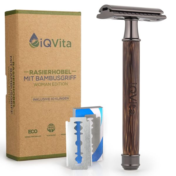 iQVita® Premium Rasierhobel mit Griff aus Bambus - Rasierer Damen - inkl. 10 Rasierklingen - Nassrasierer - geschlossener Kamm - umweltfreundlich & nachhaltig - Zero Waste - inkl. eBook