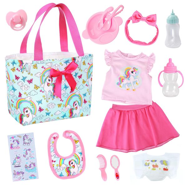 Ecore Fun 15 Pcs Baby Doll Diaper Bag with Clothes and Accessories,Doll Alive Feeding and Caring Set for 16-18 Inch Dolls,Include 16 inch Girl Doll Clothes,Bottles, Pacifier,Bib,Diaper（No Doll）