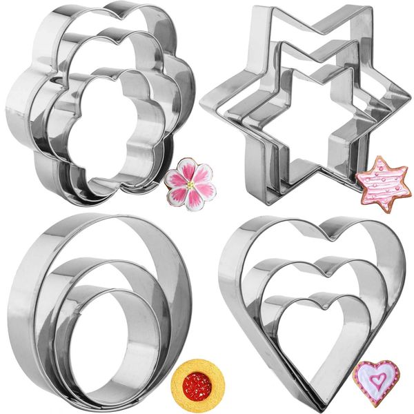 12 Pcs Cookie Cutters Shapes Baking Set, Heart Flower Round Star Shape Biscuit Stainless Steel Metal Molds Cutters for Kitchen Baking Birthday Christmas Valentine's Day Small Cookie Cutters