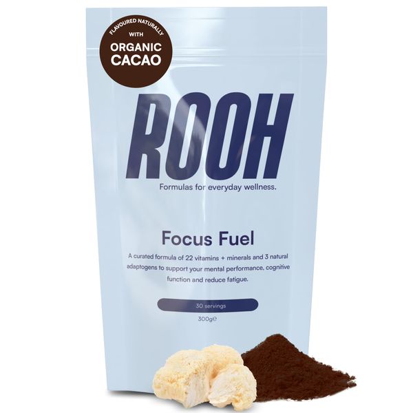 Focus Fuel by ROOH, Organic Mushroom Powder, Chocolate Superfood Powder, Ashwagandha, 22 Vitamins & Minerals, for Mental Performance & Energy, Vitamin D, B12, Dairy & Gluten Free (30 Servings)