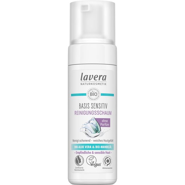 lavera basis sensitiv Reinigungsschaum - Naturkosmetik - vegan - Bio-Aloe Vera und Bio-Mandelöl - Gesichtsreinigung - Natürliche Reinigungsformel - 1 x 150 ml