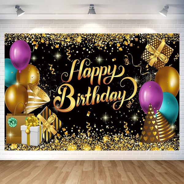 Black and Gold Birthday Party Backdrop Black Gold Glitter Balloon Happy Birthday Banner Glitter Photography Background for Home Decorations Party Supplies 70.8 x 47.2 Inch