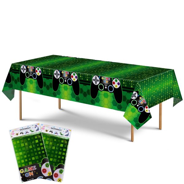 WERNNSAI Video Game Table Covers - 2 PCS 108'' x 54'' Disposable Printed Plastic Tablecloth, Party Supplies for Kids Player Geek Game Themed Party Decoration