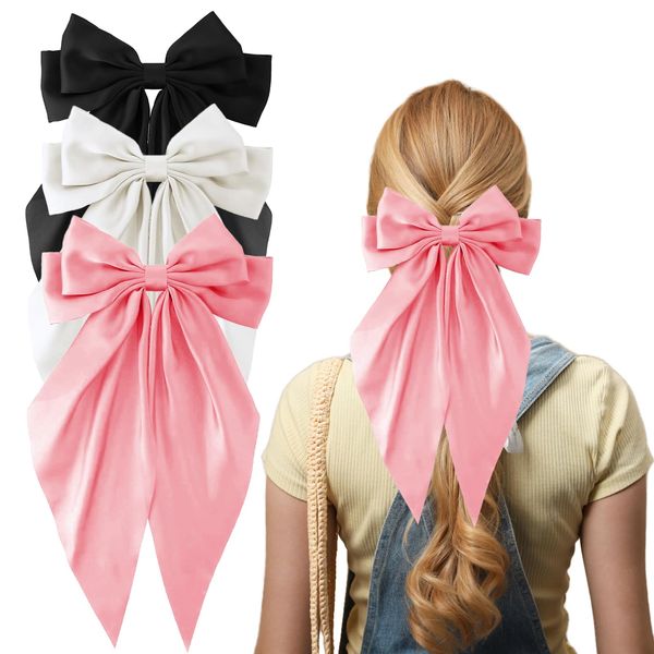 wimony Silky Satin Big Hair Bows for Women,3 PCS Big Bowknot Metal Spring Clip Oversized Long Tail Hair Ribbons Ponytail Holder French Barrettes Hair Accessories (Black & White& Pink)