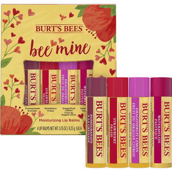 Burt's Bees Lip Balm, Nourishing Lip Care Products for All Day Hydration, Bee Mine - Strawberry, Dragonfruit Lemon, Pomegranate & Watermelon, 4 Pack (Packaging May Vary)