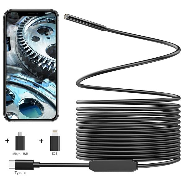 Inspection Camera USB Endoscope,7.9 mm Borescope Inspection Snake Camera IP67 Waterproof, Semi-Rigid Cord with 6 LED Lights,Tube Sink Pipe Drain Camera for Android, iPhone, iPad(9.84FT)