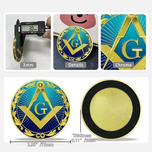 Imasoner Compass & Square Masonic Car Emblem for Accessories, Gold & Blue Masonic Auto Emblem with Freemasonry, Round Freemason Car Emblem for Men Women