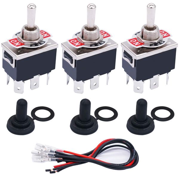 TWTADE 3 Pcs Momentary Heavy Duty Rocker Toggle Switch 6 Pin 3 Position (ON)-OFF-(ON) DPDT 16A 250VAC Spade Terminal Metal Boat Switch With Waterproof Boat Cap And 6.3mm Terminal Wires TEN-223MZX-B223