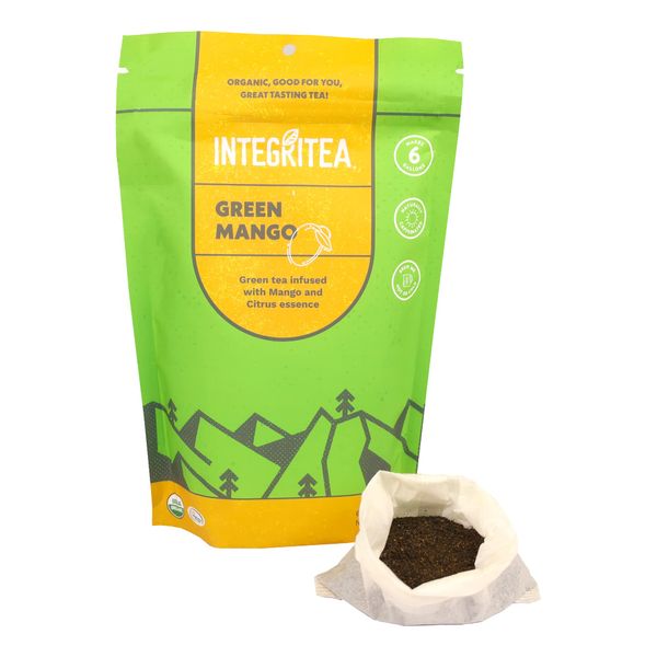 IntegriTEA Green Mango Flavored Green Tea Loose Leaf Bags - 6-Bag Organic Unsweetened Iced Tea Pack for 6 Gallons of Tea - Hot or Cold Brew Iced Green Tea Bags