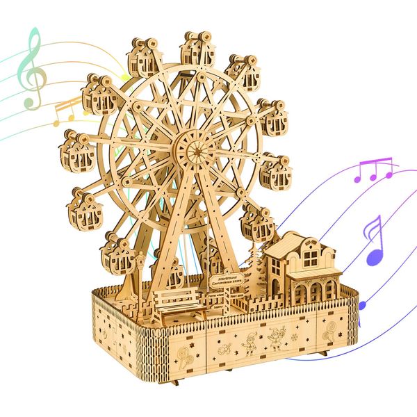 UGUTER 3D Wooden Puzzle Upgraded Ferris Wheels Music Box Model LED Light DIY Crafts Kits Home Decoration Brain Teaser Valentine’s Day Birthday Gift for Adults & Kids (Ferris Wheel LG)