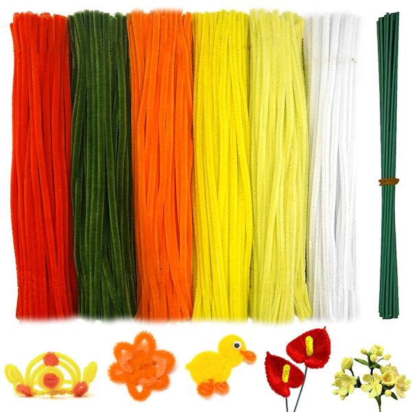 620 Pieces Pipe Cleaners Craft Set, 600 Pcs Chenille Stems with 20 Pcs Flower Stems, Craft Supplies Bulk for DIY Art and Craft Projects Creative Gift Wrapping Party Decorations(Golden Yellow Series)