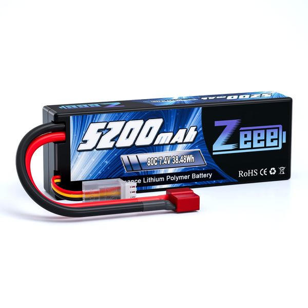 Zeee 2S Lipo Battery 5200mAh 7.4V 80C RC Hard Case Deans Plug for 1/8 1/10 RC Vehicles RC Car RC Truck Tank RC Buggy Truggy RC Airplane Racing Vehicles