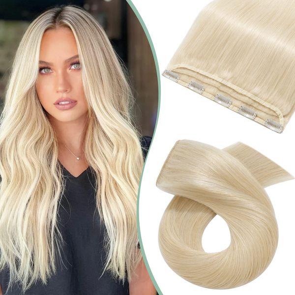 Silk-co Clip in Remy Hair Extensions 18inch Clip on Real Human Hair One Piece Very Thin #60 Platinum Blonde 3/4 Half Head Natural Straight