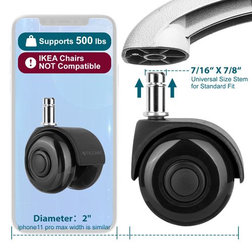 TICONN Office Chair Caster Wheels 2" Dual Wheels Set of 5 for Tile and Hardwood Floors, Universal Fit for Most Chairs (Black)