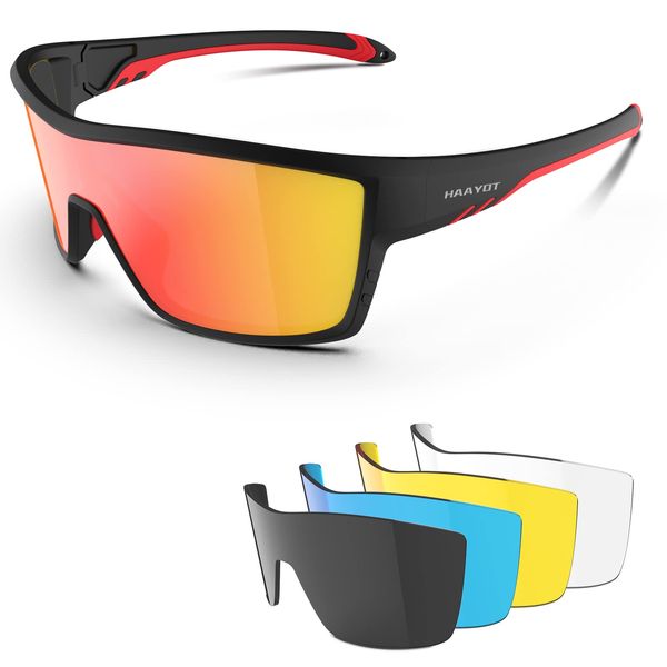 HAAYOT Polarisierte Radsportbrille für Männer Frauen Sport-Sonnenbrille mit 5 Gläsern TR90 Rahmen MTB Brille Mountainbike Brille Laufen Angeln Wandern, Matt Schwarz & Orange