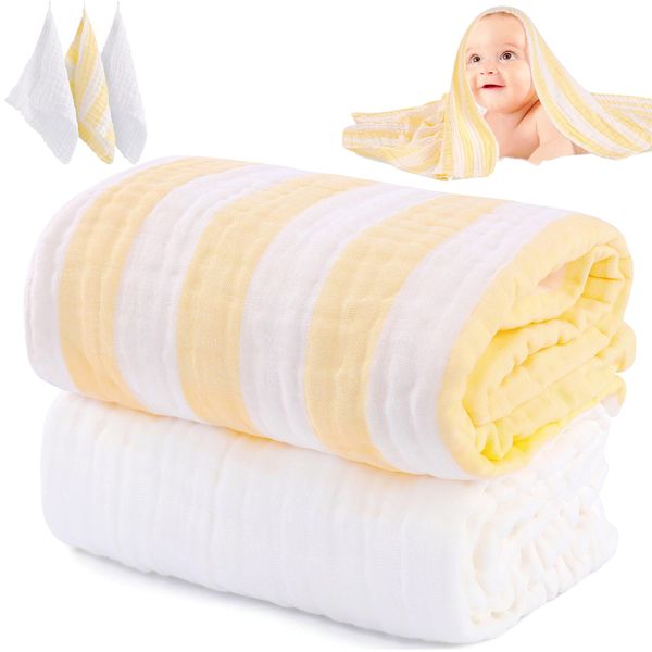 HardNok Muslin Baby Bath Towel Set, 2 Large Gauze Super Soft Baby Bath Towel and 3 Washcloths, 6 Layers Muslin Cotton Infant Blanket Suitable for Baby's Delicate Skin (Amsicotion)