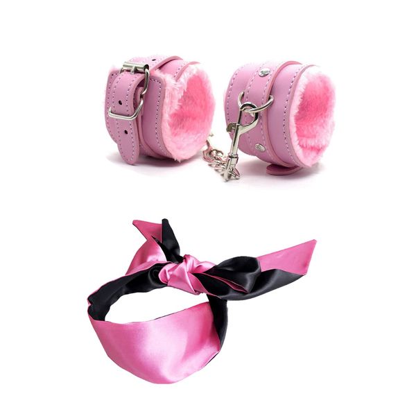 LOCKISH Handcuffs And Blindfold Set,PU Leather Handcuffs,Adjustable Ankle Bracelets,Blindfold,Blind fold Eye Mask for Sleeping Games (Pink)