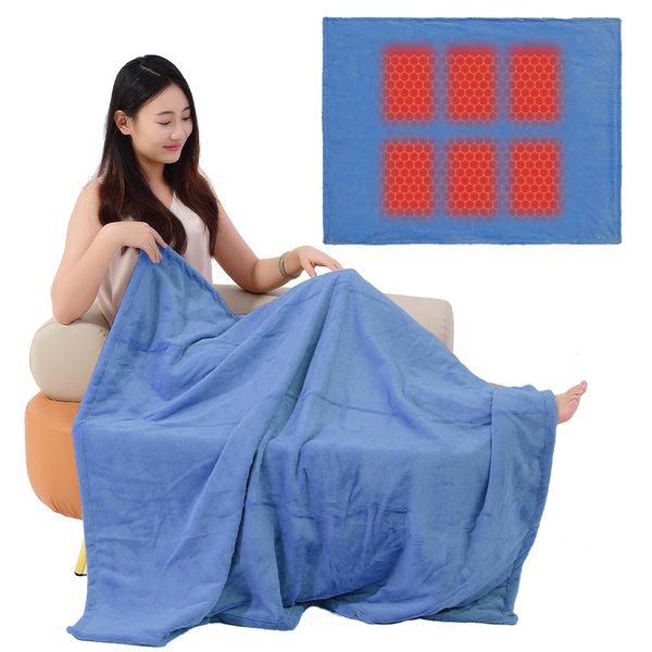 USB Heated Blanket Electric Heating Pads with 3 Temperature Levels Wearable Throw Blanket Machine Washable Winter Warm Fleece Shawl for Home Office Back Pain Relief, 110 * 70cm, Blue