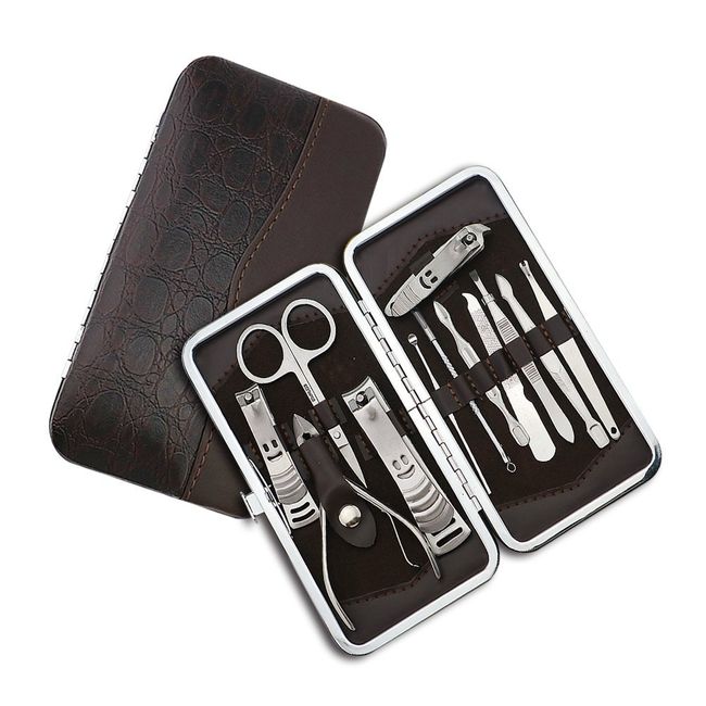 Nail Clippers Set, Fingernail Clippers, Scissors Set, Tweezing Pissing Leather Needle, Tweezer, earscoop, guru-mingukitto・ Professionally, Stainless Steel, Fingernail Clippers, Set of 12, tumeyasuri , blk