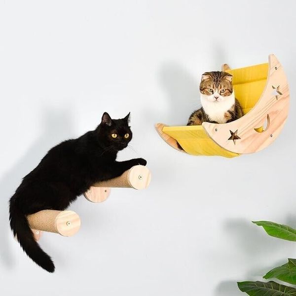 Wall Cat Bed Moon, Cat Hammock Wall Mounted Shelf with 2 Steps Cat Climbing Shel